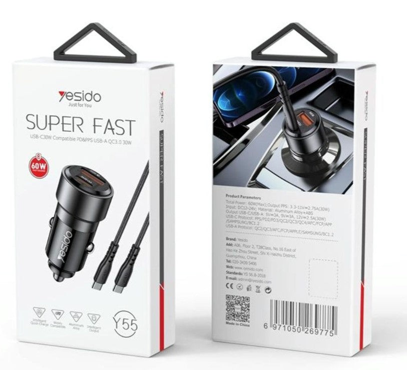 Yesido Super Fast Charging 60W Car Charger With Dual USB Type-C Cable [Y55]